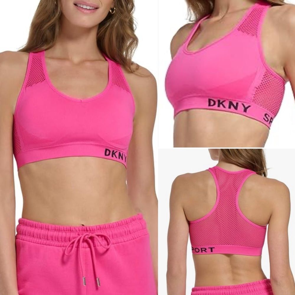 NWT DKNY SPORT Pink Mesh Racerback Bra Size Small, Scoop Neck Activewear Top
